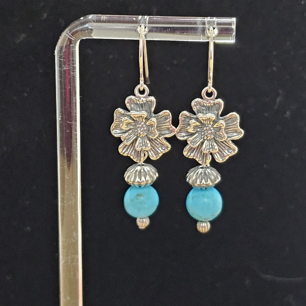 Southwestern Flower Dangle Earrings Oxidized 925 Silver and Howlite Beads - Picture 9 of 14